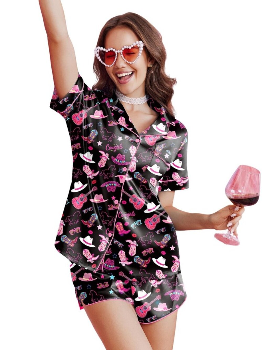 Silk Satin Pajama Set for Women Funny Graphic Sleepwear S-5XL